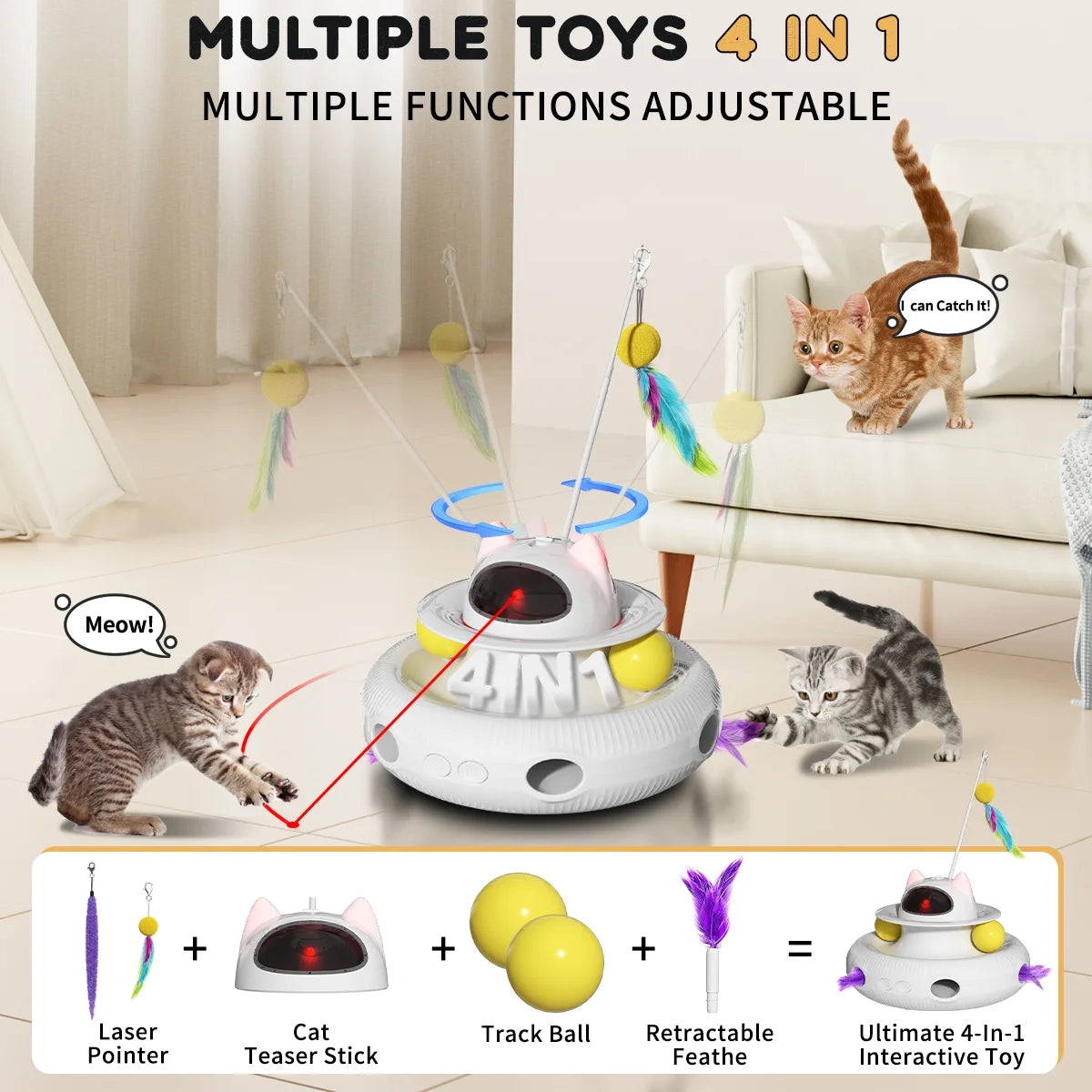 Ultimate 4-in-1 Interactive Cat Toy Set - Laser, Wand, Track Balls & Kicker for Endless Indoor Fun! Rechargeable & Rotating Design!