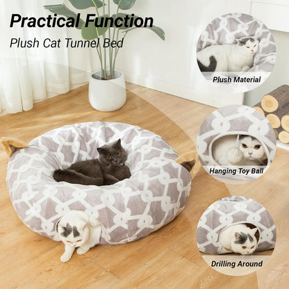 Large Cat Tunnel Bed with Plush Cover,Fluffy Toy Balls, Small Cushion and Flexible Design- 10 Inch Diameter, 3 Ft Length- Great for Cats, and Small Dogs, Gray Geometric Figure