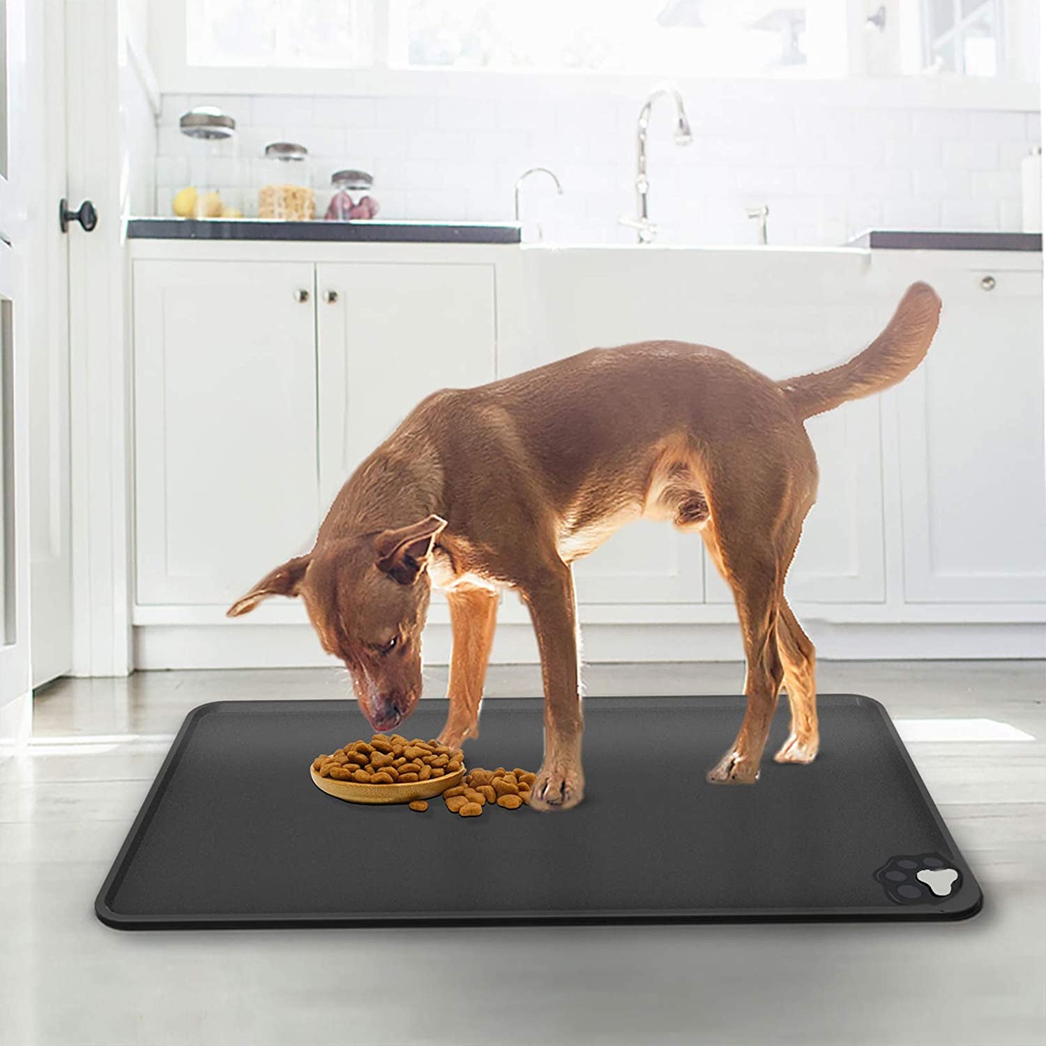 Dog Food Mat, Dog Food and Water Mat, Dog Bowl Water Mat, Dog Food Mat Silicone, Dog Waterproof Food Mat, 24" X 16" Dog Food Eating Mat, Washable Dog Mat for Dog Food, Pet Food Mat (L Black)