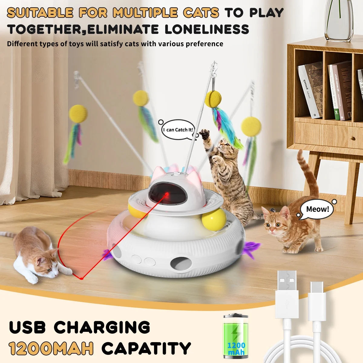 Ultimate 4-in-1 Interactive Cat Toy Set - Laser, Wand, Track Balls & Kicker for Endless Indoor Fun! Rechargeable & Rotating Design!