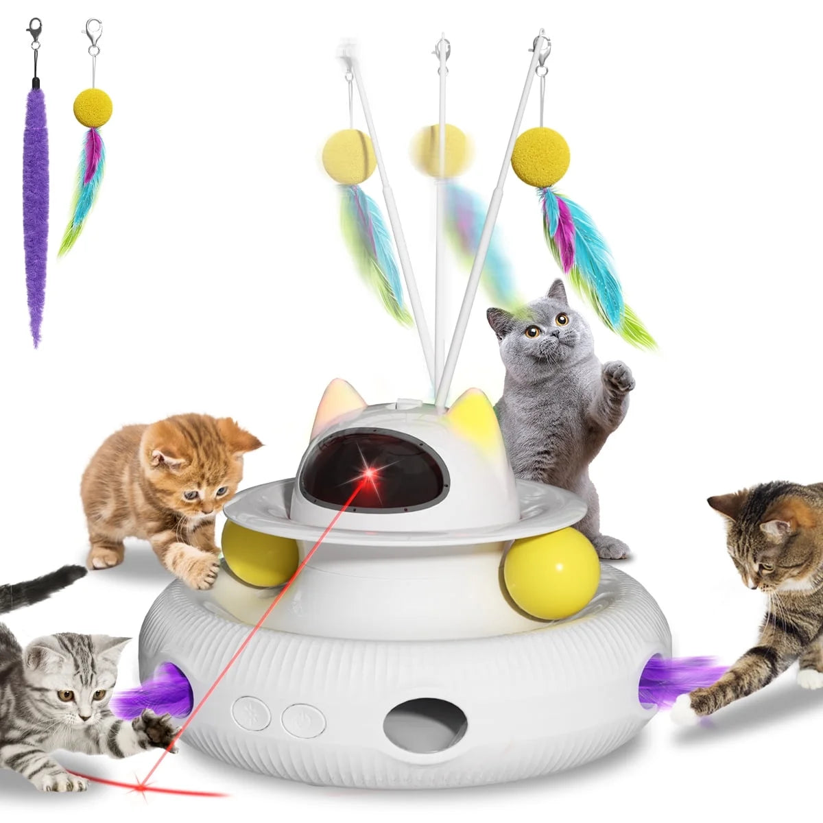 Ultimate 4-in-1 Interactive Cat Toy Set - Laser, Wand, Track Balls & Kicker for Endless Indoor Fun! Rechargeable & Rotating Design!